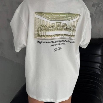 Kadın Baskılı T-Shirt Kısa Kol Bisiklet Yaka Oversize Rahat Kalıp Günlük Tişört - Beyaz