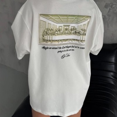 Kadın Baskılı T-Shirt Kısa Kol Bisiklet Yaka Oversize Rahat Kalıp Günlük Tişört - Beyaz