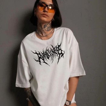 Kadın Baskılı T-Shirt Kısa Kol Bisiklet Yaka Oversize Rahat Kalıp Günlük Tişört   - Beyaz