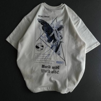 Kadın Baskılı T-Shirt Kısa Kol Bisiklet Yaka Oversize Rahat Kalıp Günlük Tişört   - Beyaz