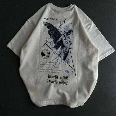 Kadın Baskılı T-Shirt Kısa Kol Bisiklet Yaka Oversize Rahat Kalıp Günlük Tişört   - Beyaz