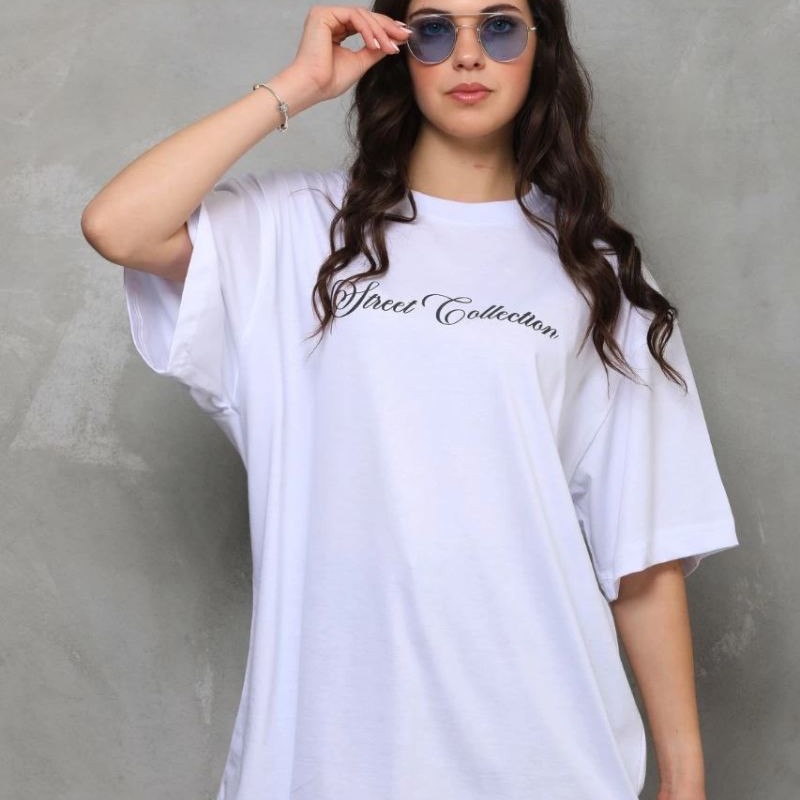 Kadın Baskılı T-Shirt Kısa Kol Bisiklet Yaka Oversize Rahat Kalıp Günlük Tişört - Beyaz