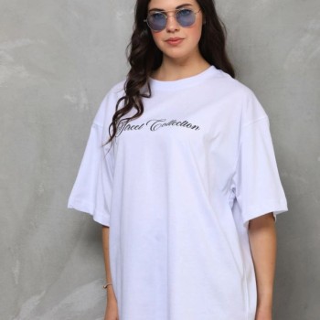 Kadın Baskılı T-Shirt Kısa Kol Bisiklet Yaka Oversize Rahat Kalıp Günlük Tişört - Beyaz
