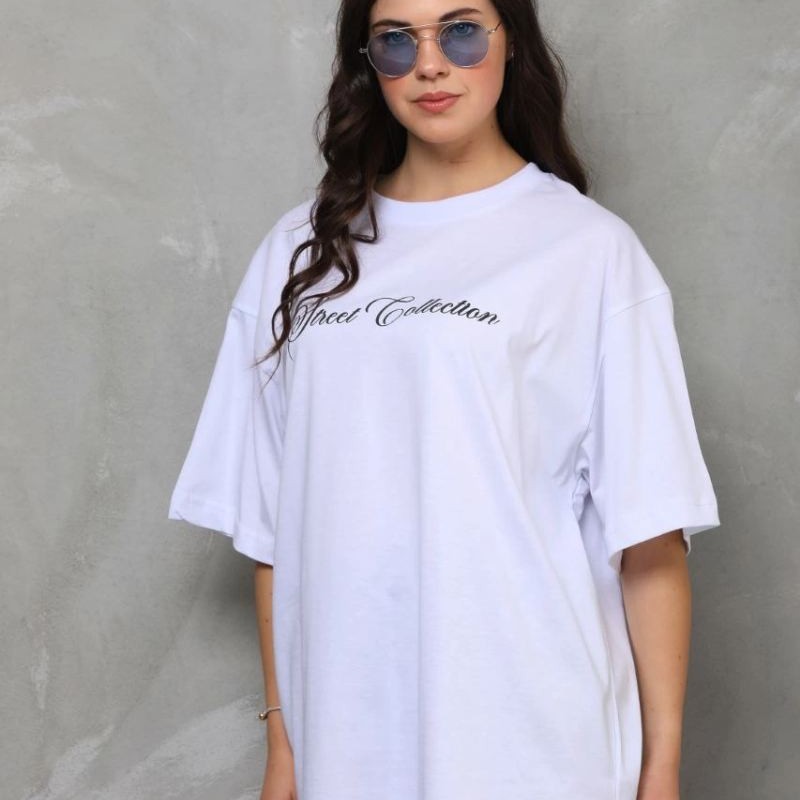 Kadın Baskılı T-Shirt Kısa Kol Bisiklet Yaka Oversize Rahat Kalıp Günlük Tişört - Beyaz