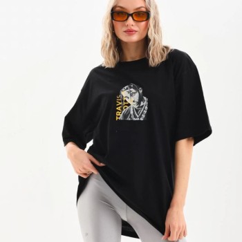Kadın Baskılı T-Shirt Kısa Kol Bisiklet Yaka Oversize Rahat Kalıp Günlük Tişört - Siyah