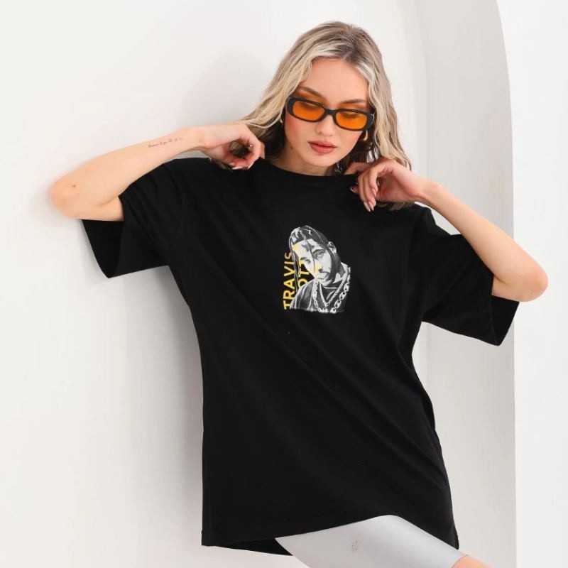 Kadın Baskılı T-Shirt Kısa Kol Bisiklet Yaka Oversize Rahat Kalıp Günlük Tişört - Siyah