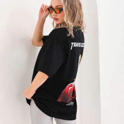 Kadın Baskılı T-Shirt Kısa Kol Bisiklet Yaka Oversize Rahat Kalıp Günlük Tişört - Siyah