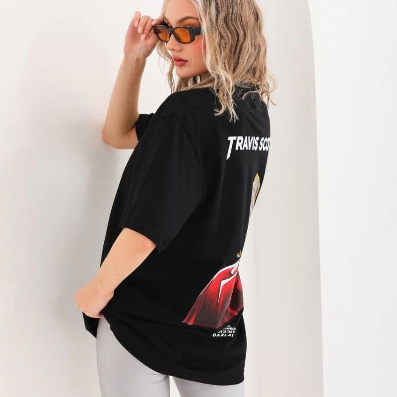 Kadın Baskılı T-Shirt Kısa Kol Bisiklet Yaka Oversize Rahat Kalıp Günlük Tişört - Siyah