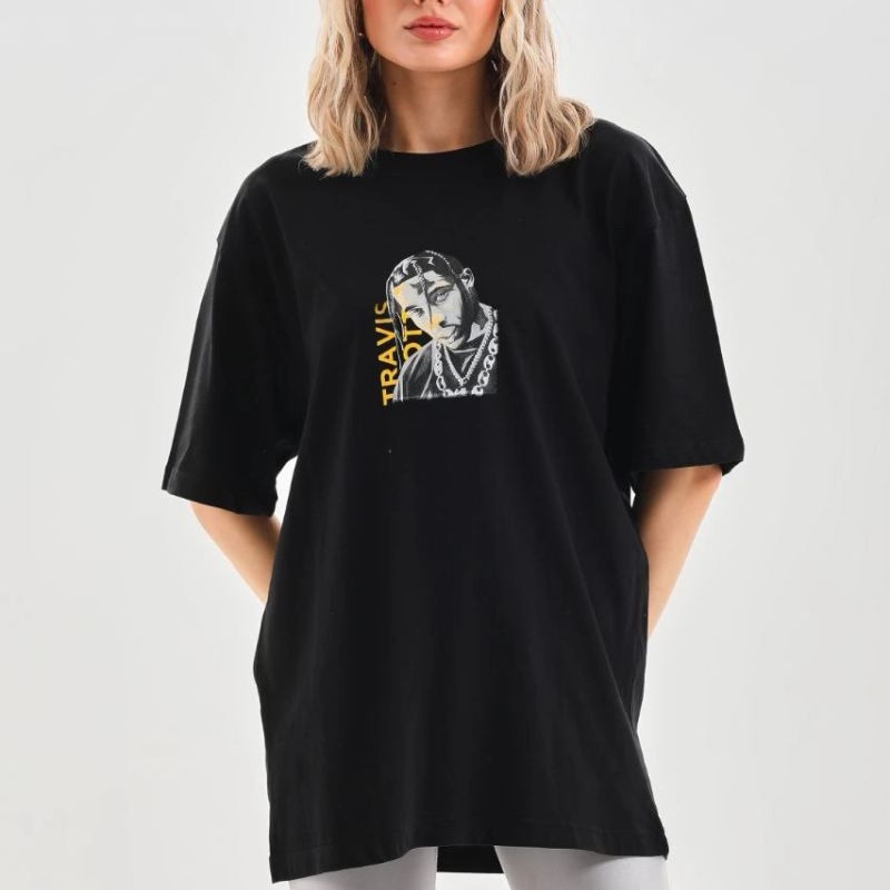 Kadın Baskılı T-Shirt Kısa Kol Bisiklet Yaka Oversize Rahat Kalıp Günlük Tişört - Siyah
