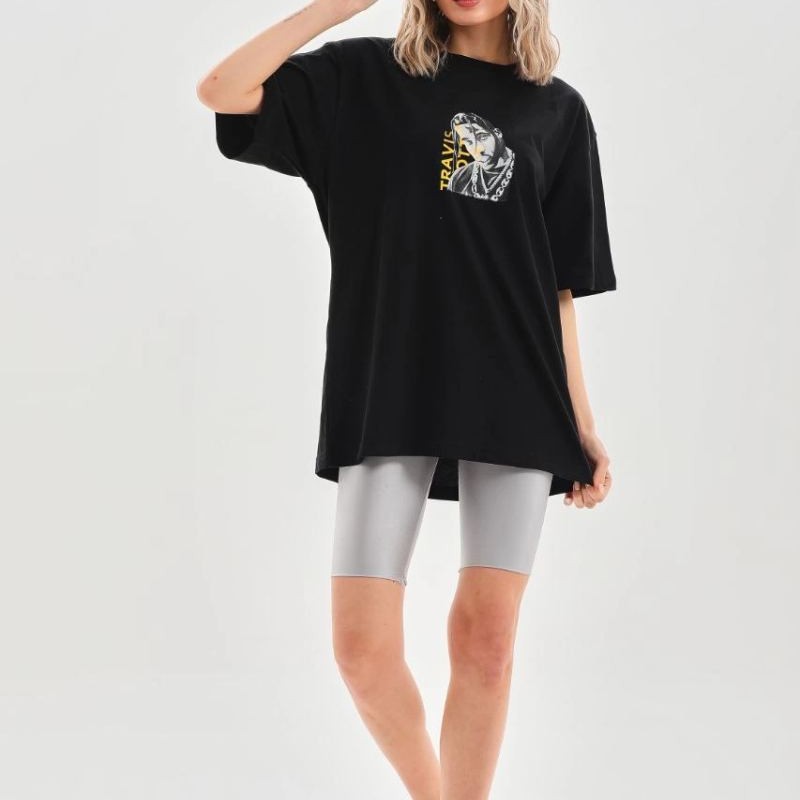 Kadın Baskılı T-Shirt Kısa Kol Bisiklet Yaka Oversize Rahat Kalıp Günlük Tişört - Siyah