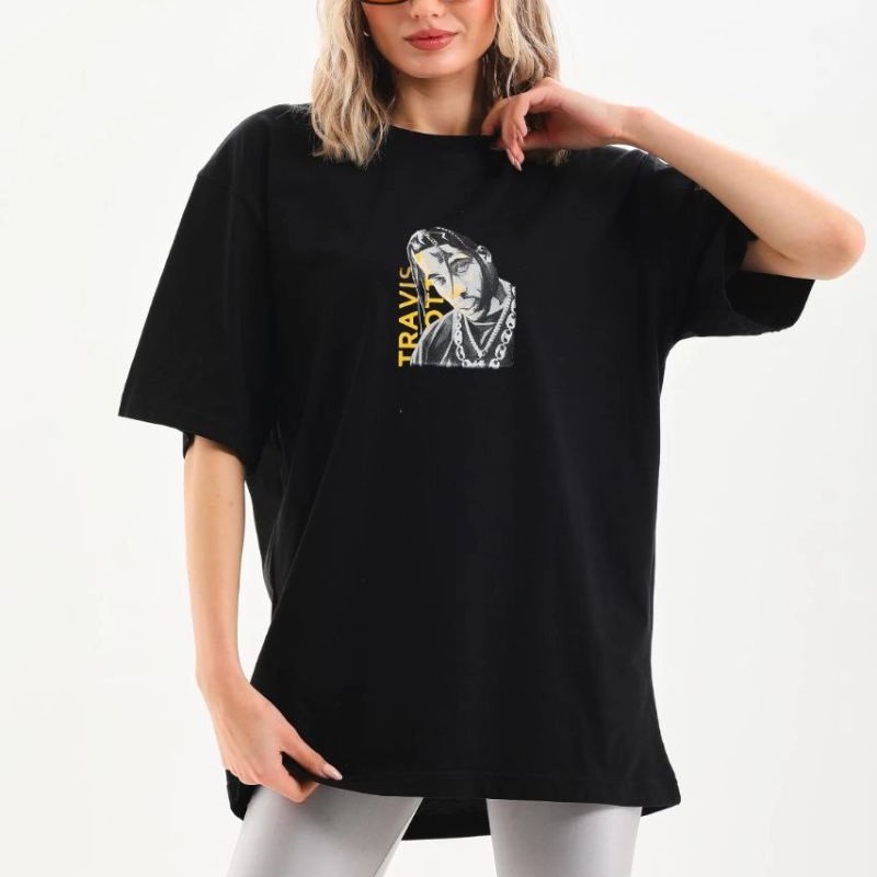 Kadın Baskılı T-Shirt Kısa Kol Bisiklet Yaka Oversize Rahat Kalıp Günlük Tişört - Siyah