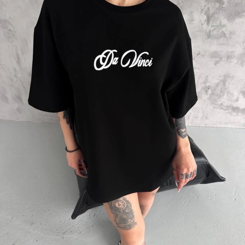 Kadın Baskılı T-Shirt Kısa Kol Bisiklet Yaka Oversize Rahat Kalıp Günlük Tişört - Siyah