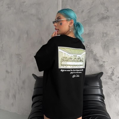 Kadın Baskılı T-Shirt Kısa Kol Bisiklet Yaka Oversize Rahat Kalıp Günlük Tişört - Siyah