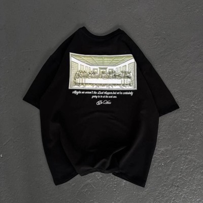 Kadın Baskılı T-Shirt Kısa Kol Bisiklet Yaka Oversize Rahat Kalıp Günlük Tişört - Siyah