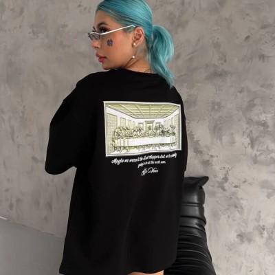 Kadın Baskılı T-Shirt Kısa Kol Bisiklet Yaka Oversize Rahat Kalıp Günlük Tişört - Siyah