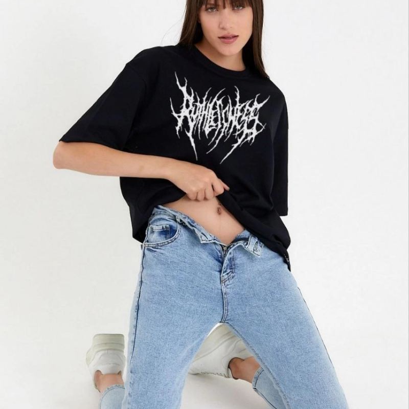 Kadın Baskılı T-Shirt Kısa Kol Bisiklet Yaka Oversize Rahat Kalıp Günlük Tişört   - Siyah