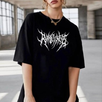 Kadın Baskılı T-Shirt Kısa Kol Bisiklet Yaka Oversize Rahat Kalıp Günlük Tişört   - Siyah
