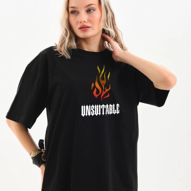 Kadın Baskılı T-Shirt Kısa Kol Bisiklet Yaka Oversize Rahat Kalıp Günlük Tişört   - Siyah