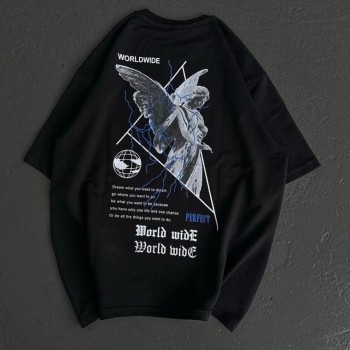 Kadın Baskılı T-Shirt Kısa Kol Bisiklet Yaka Oversize Rahat Kalıp Günlük Tişört   - Siyah