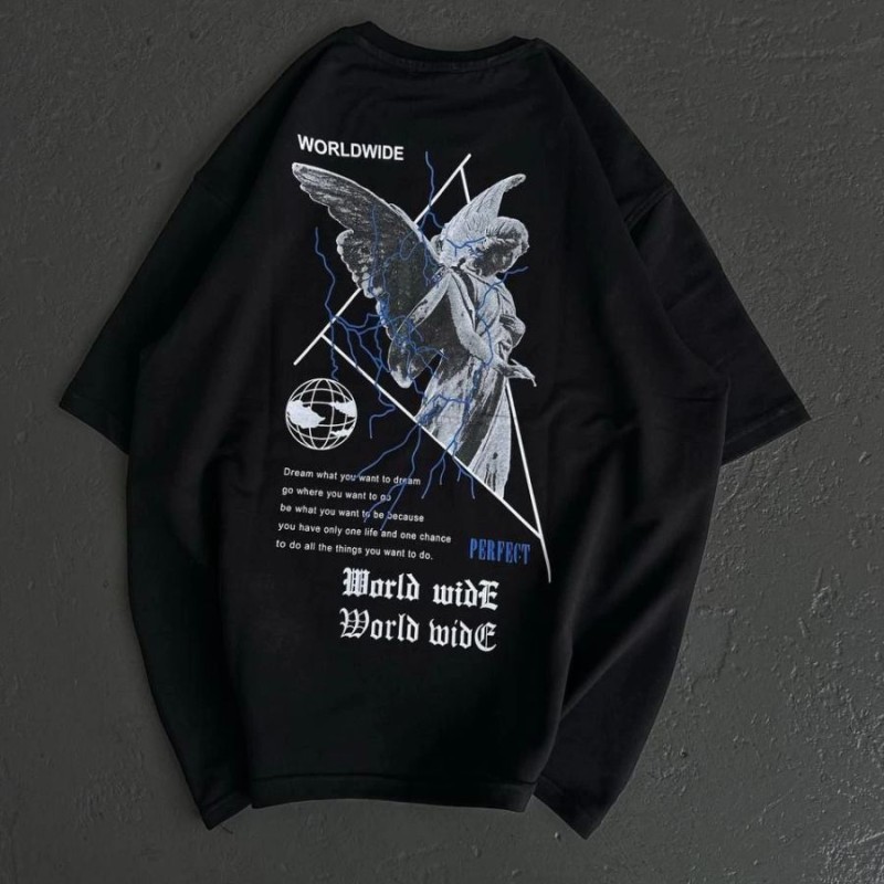 Kadın Baskılı T-Shirt Kısa Kol Bisiklet Yaka Oversize Rahat Kalıp Günlük Tişört   - Siyah