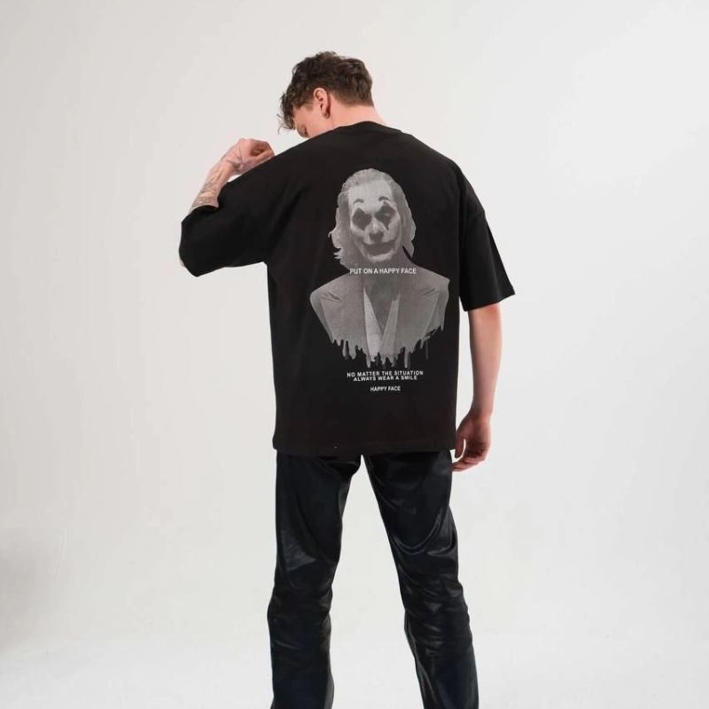 Kadın Baskılı T-Shirt Kısa Kol Bisiklet Yaka Oversize Rahat Kalıp Günlük Tişört   - Siyah