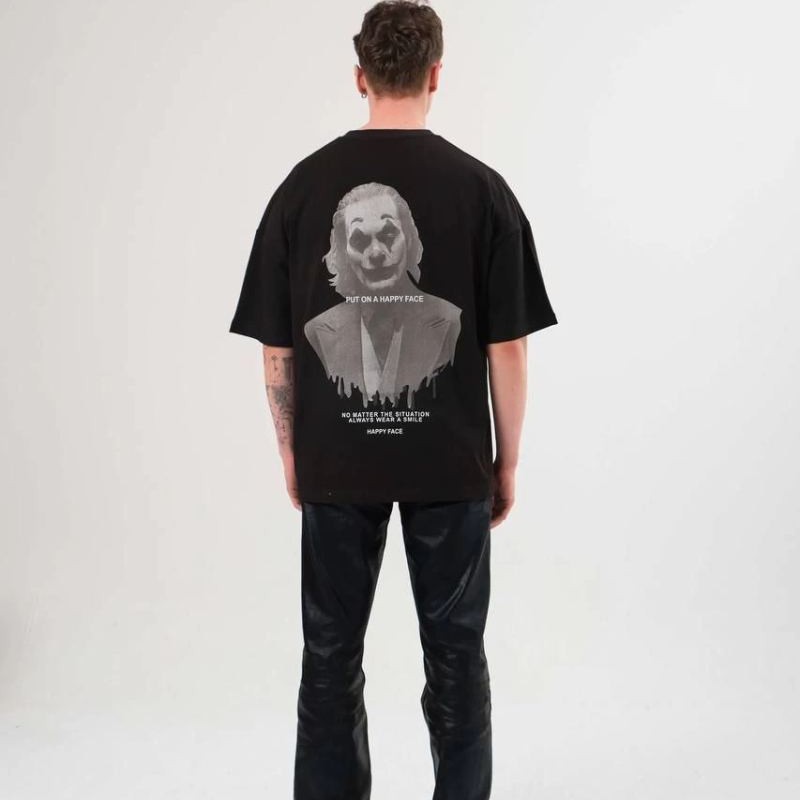 Kadın Baskılı T-Shirt Kısa Kol Bisiklet Yaka Oversize Rahat Kalıp Günlük Tişört   - Siyah