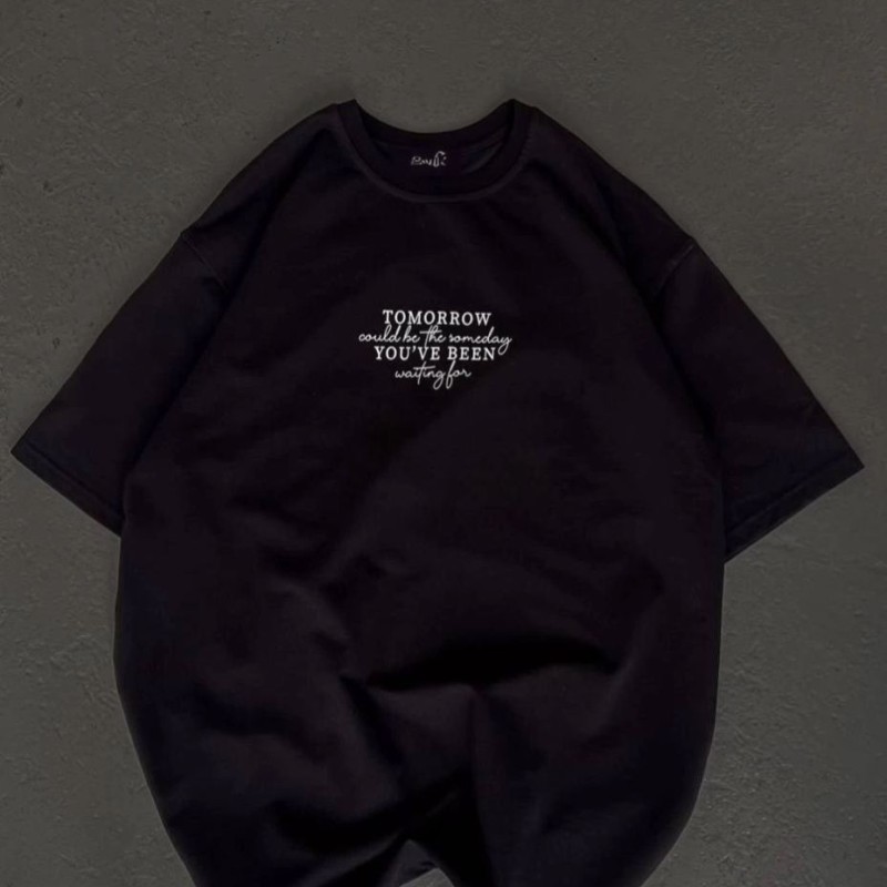 Kadın Baskılı T-Shirt Kısa Kol Bisiklet Yaka Oversize Rahat Kalıp Günlük Tişört   - Siyah