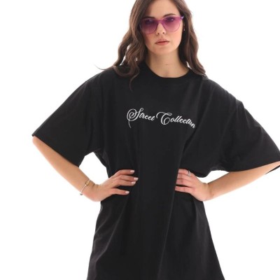 Kadın Baskılı T-Shirt Kısa Kol Bisiklet Yaka Oversize Rahat Kalıp Günlük Tişört - Siyah