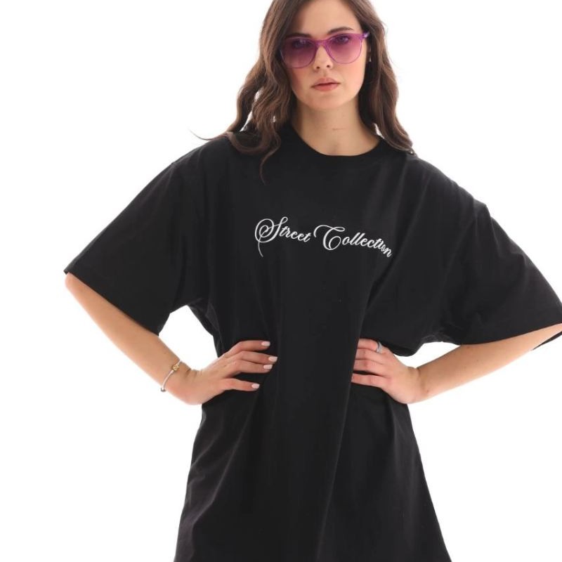 Kadın Baskılı T-Shirt Kısa Kol Bisiklet Yaka Oversize Rahat Kalıp Günlük Tişört - Siyah