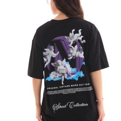 Kadın Baskılı T-Shirt Kısa Kol Bisiklet Yaka Oversize Rahat Kalıp Günlük Tişört - Siyah