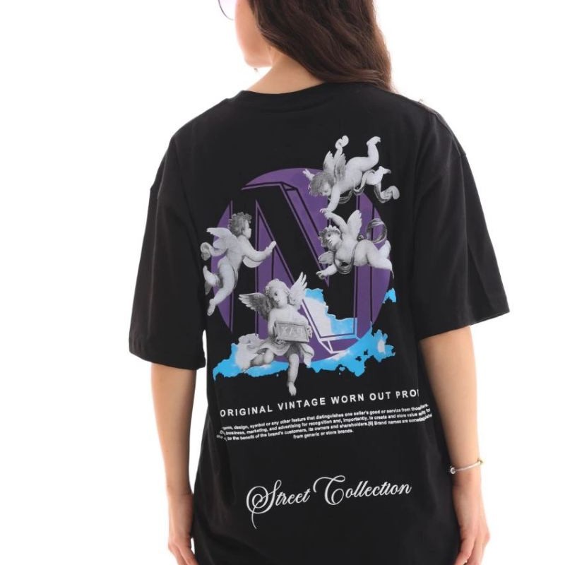 Kadın Baskılı T-Shirt Kısa Kol Bisiklet Yaka Oversize Rahat Kalıp Günlük Tişört - Siyah