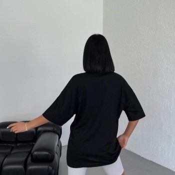 Kadın Baskılı T-Shirt Kısa Kol Bisiklet Yaka Oversize Rahat Kalıp Günlük Tişört - Siyah