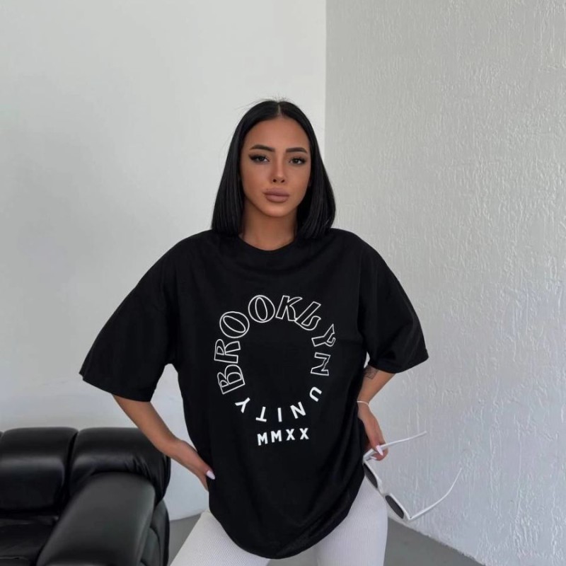 Kadın Baskılı T-Shirt Kısa Kol Bisiklet Yaka Oversize Rahat Kalıp Günlük Tişört - Siyah