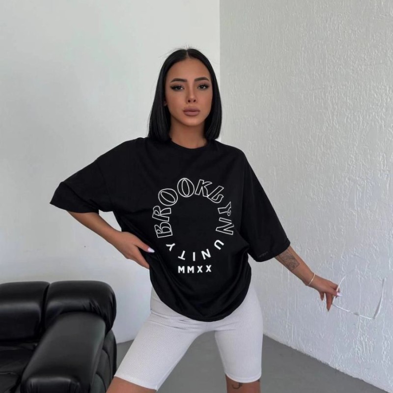Kadın Baskılı T-Shirt Kısa Kol Bisiklet Yaka Oversize Rahat Kalıp Günlük Tişört - Siyah