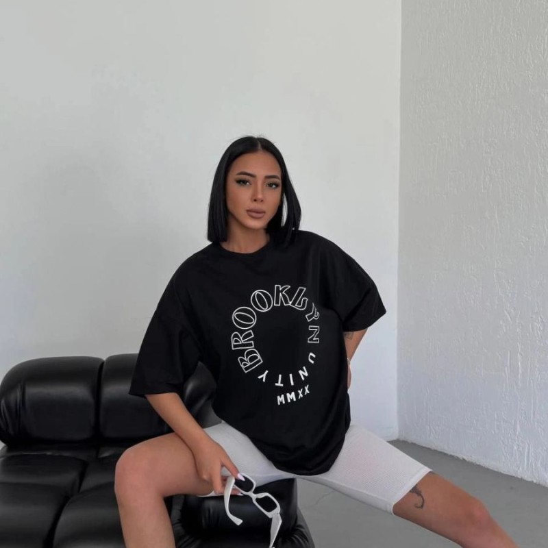 Kadın Baskılı T-Shirt Kısa Kol Bisiklet Yaka Oversize Rahat Kalıp Günlük Tişört - Siyah