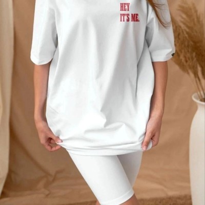 Kadın Baskılı T-Shirt Kısa Kol Bisiklet Yaka Oversize Rahat Kalıp Tişört - Beyaz