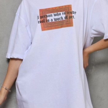 Kadın Baskılı T-Shirt Kısa Kol Bisiklet Yaka Oversize Rahat Kalıp Tişört - Beyaz