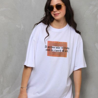 Kadın Baskılı T-Shirt Kısa Kol Bisiklet Yaka Oversize Rahat Kalıp Tişört - Beyaz