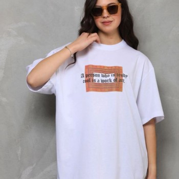 Kadın Baskılı T-Shirt Kısa Kol Bisiklet Yaka Oversize Rahat Kalıp Tişört - Beyaz