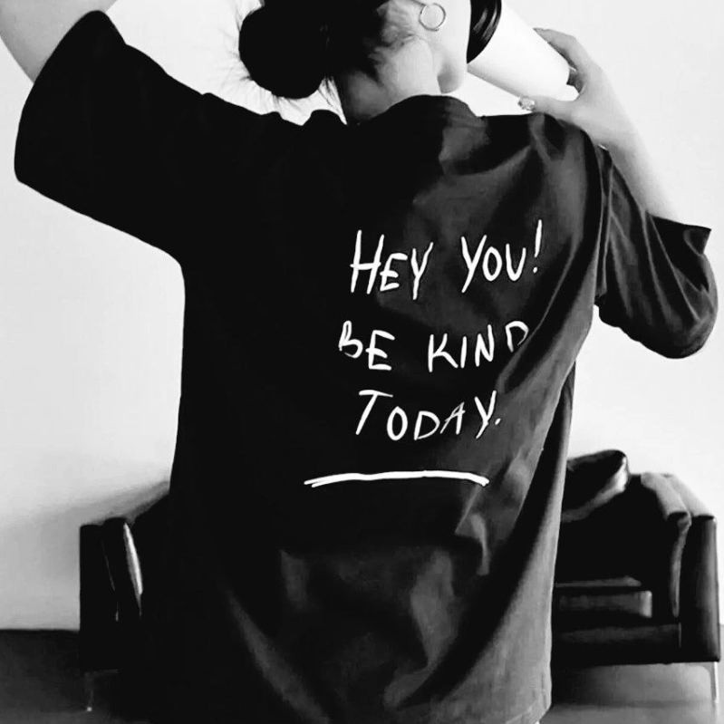Kadın Baskılı T-Shirt Kısa Kol Bisiklet Yaka Oversize Rahat Kalıp Tişört T-Shirt - Siyah