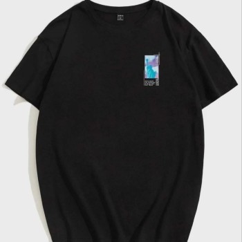 Kadın Baskılı T-Shirt Kısa Kol Bisiklet Yaka Oversize Rahat Kalıp Tişört - Siyah