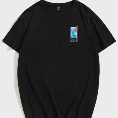 Kadın Baskılı T-Shirt Kısa Kol Bisiklet Yaka Oversize Rahat Kalıp Tişört - Siyah