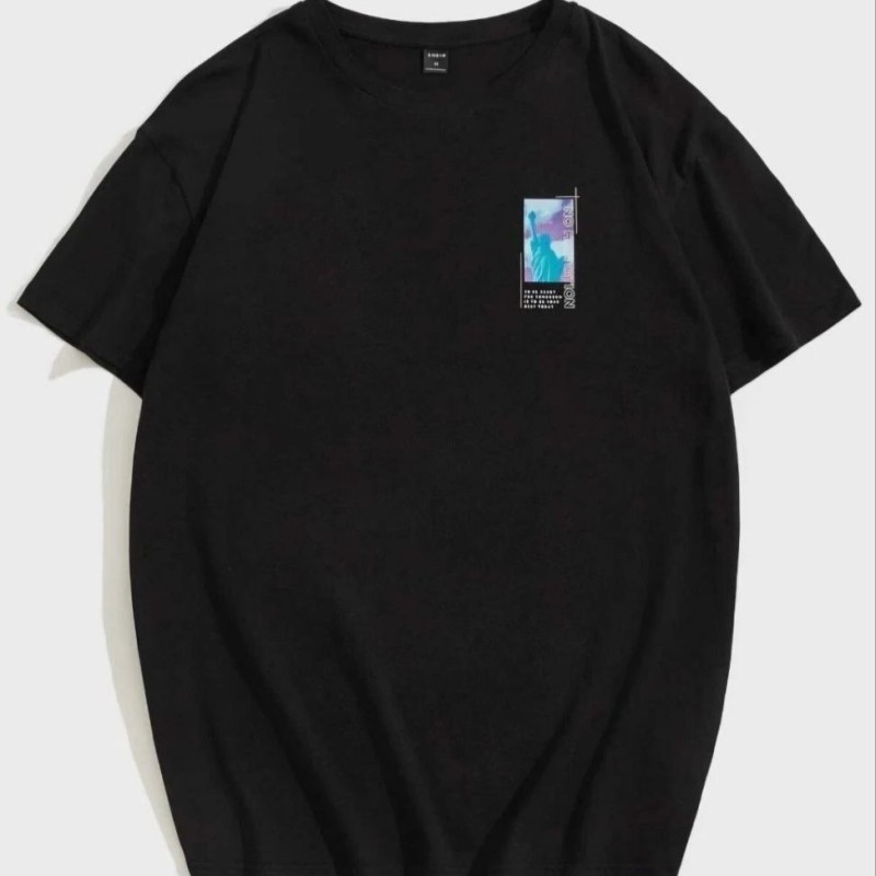 Kadın Baskılı T-Shirt Kısa Kol Bisiklet Yaka Oversize Rahat Kalıp Tişört - Siyah