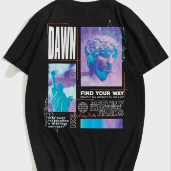 Kadın Baskılı T-Shirt Kısa Kol Bisiklet Yaka Oversize Rahat Kalıp Tişört - Siyah