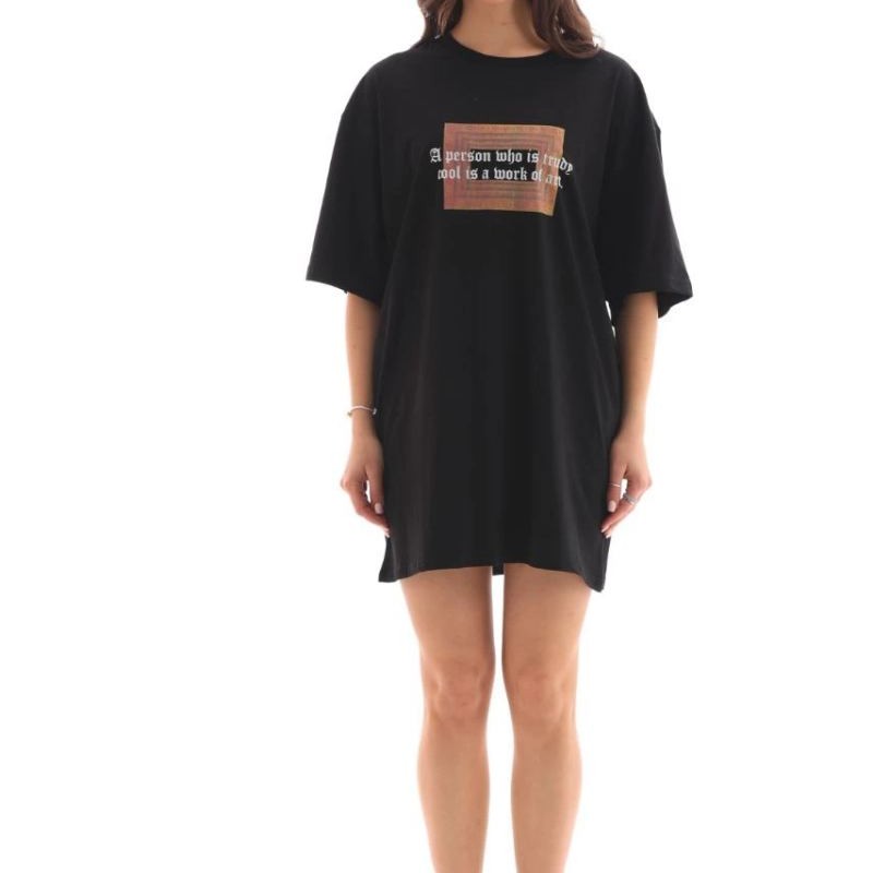 Kadın Baskılı T-Shirt Kısa Kol Bisiklet Yaka Oversize Rahat Kalıp Tişört - Siyah
