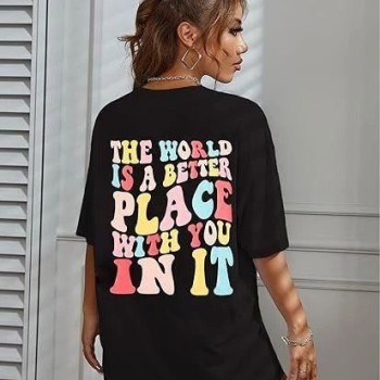 Kadın Baskılı T-Shirt Kısa Kol Bisiklet Yaka Oversize Rahat Kalıp Tişört - Siyah