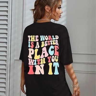 Kadın Baskılı T-Shirt Kısa Kol Bisiklet Yaka Oversize Rahat Kalıp Tişört - Siyah