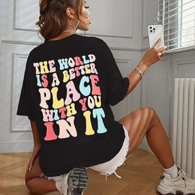 Kadın Baskılı T-Shirt Kısa Kol Bisiklet Yaka Oversize Rahat Kalıp Tişört - Siyah