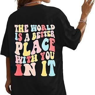 Kadın Baskılı T-Shirt Kısa Kol Bisiklet Yaka Oversize Rahat Kalıp Tişört - Siyah