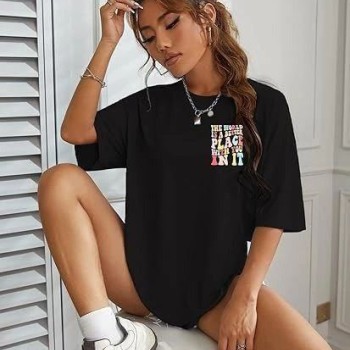 Kadın Baskılı T-Shirt Kısa Kol Bisiklet Yaka Oversize Rahat Kalıp Tişört - Siyah